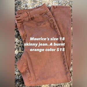 Gently used Maurice’s Skinny jeans. Size 18W. Burnt orange color.